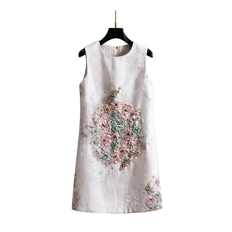 Unique Blue Heavy Beaded Rhinestone Crew Neck Sleeveless A-Line Tank Dress for Women Fall Party Cocktail Evening Luxury Chic