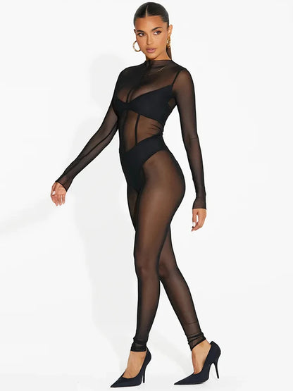 Hugcitar Mesh Long Sleeve Black Zip Up See Through Sheer Sexy Bodycon Jumpsuit 2025 Summer Women Romper Beach Festival Club Y2K