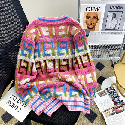 Rainbow V-Neck Knit Sweater Autumn Winter Japanese Retro Color Block Open Cardigan Women's Design Sensation Niche Soft Outerwear