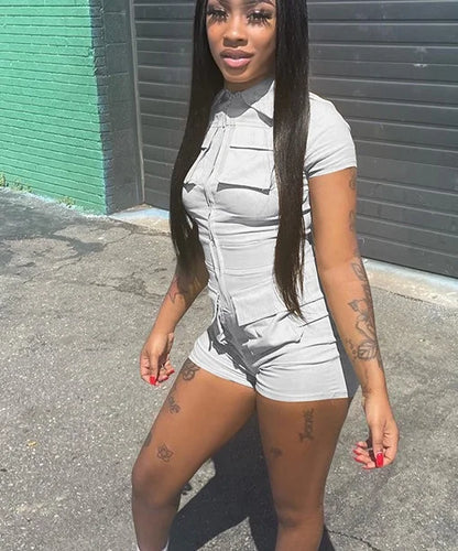 Red Jumpsuit for Woman Short Zipper V Turn Down Short Sleeve Overall Jumpsuit Shorts Casual Pockets Bodycon Rompers 2XL