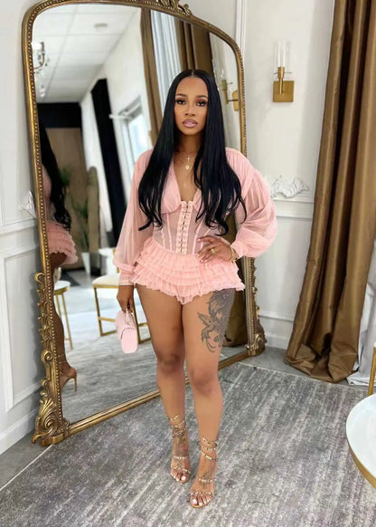 Boho Summer Mesh Casual Playsuit Sexy Women V-neck Elegant Night Club Ruffles Romper Overalls