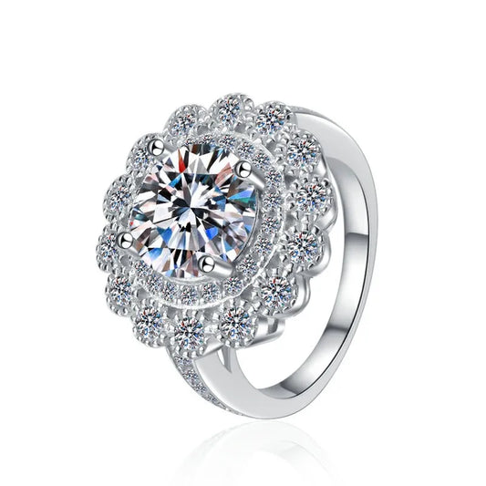 Women's Exaggerated Floral Head 3CT Moissanite Ring PT950 Platinum Band for Stylish Sparkling Party Engagement