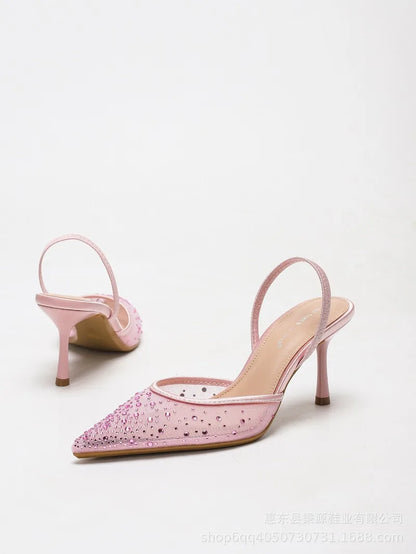 Rhinestone Luxury Heeled Sandals Women Shiny Mesh Mules Shoe Breathable Pointed Toe Pumps Women Elegant High Heels Wedding Shoes