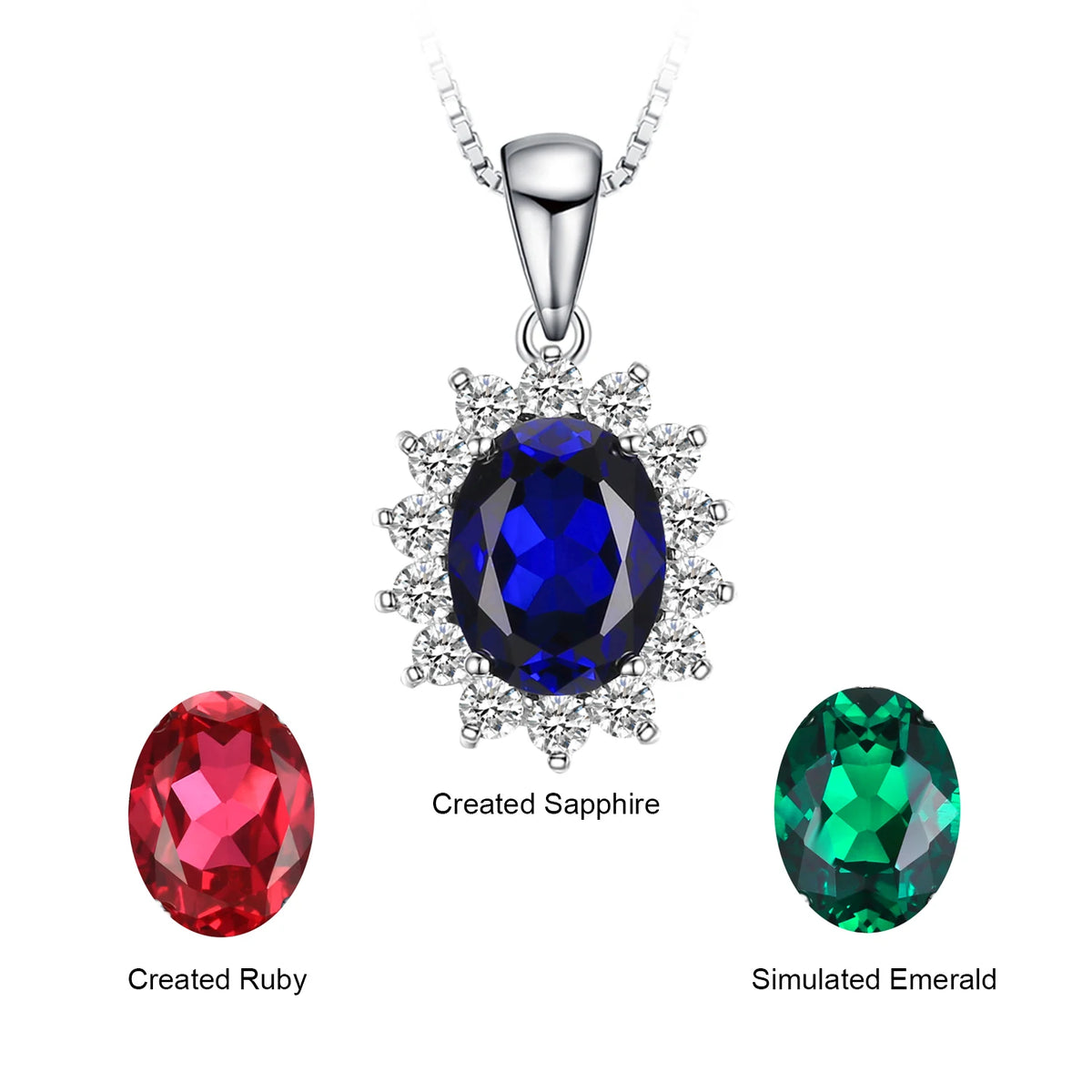 JewelryPalace Princess Diana Created Blue Sapphire Ruby Simulated Emerald 925 Sterling Silver Pendant Necklace for WomenNo Chain