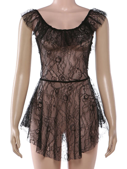 Kliou Sexy See Through Short Dress Woman Ruffles Decoration Low-Neck Backless Sleeveless Vacation Beach Party Style Mini Bodycon