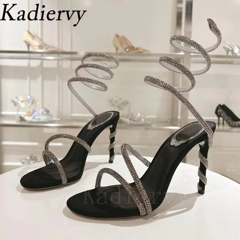 Luxury High Heels Sandals Woman Rhinestone Snake Twine Around Ankle Strap Wedding Shoes Stiletto Summer Gladiator Sandals Women