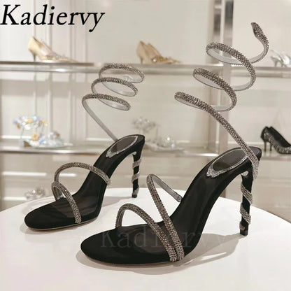 Luxury High Heels Sandals Woman Rhinestone Snake Twine Around Ankle Strap Wedding Shoes Stiletto Summer Gladiator Sandals Women