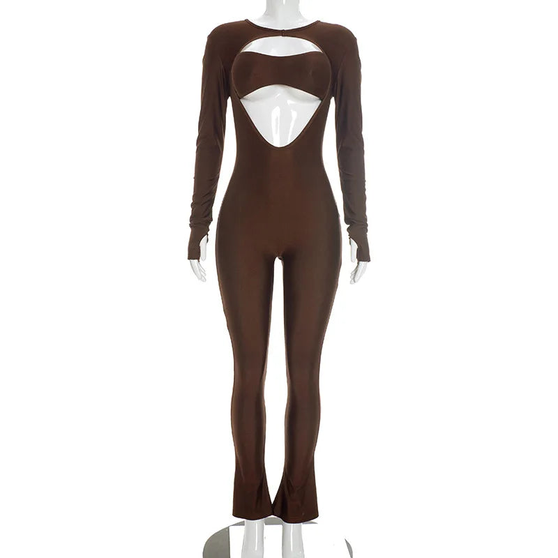 Joskaa Women Cutout Long Sleeve Jumpsuit with Tube Tops Sexy O-neck Back Zipper Thumb Hole Design Bodycon Rompers Party Clubwear
