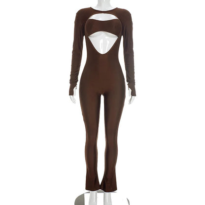 Joskaa Women Cutout Long Sleeve Jumpsuit with Tube Tops Sexy O-neck Back Zipper Thumb Hole Design Bodycon Rompers Party Clubwear