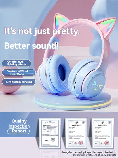 GRB Glow Gaming Headset Gamer Stereo Bass Cat Ear Wireless Earpods Bluetooth Earphones TYPE-C Cable Headphones Blutooth Handfree