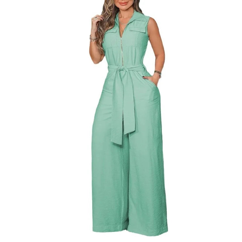 Elegant Shirt Collar Jumpsuit Sleeveless Solid Color Zipper Strap Wide Leg Jumpsuit Ladies Clothing One-piece Top Long Pants