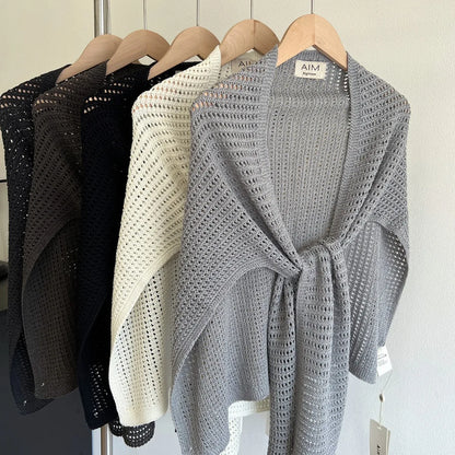 Knitted Hollow T-shaped Shawl for Women 2026 Summer New Thin with Wool Knot Decoration Sun-protective Vest on The Shoulders