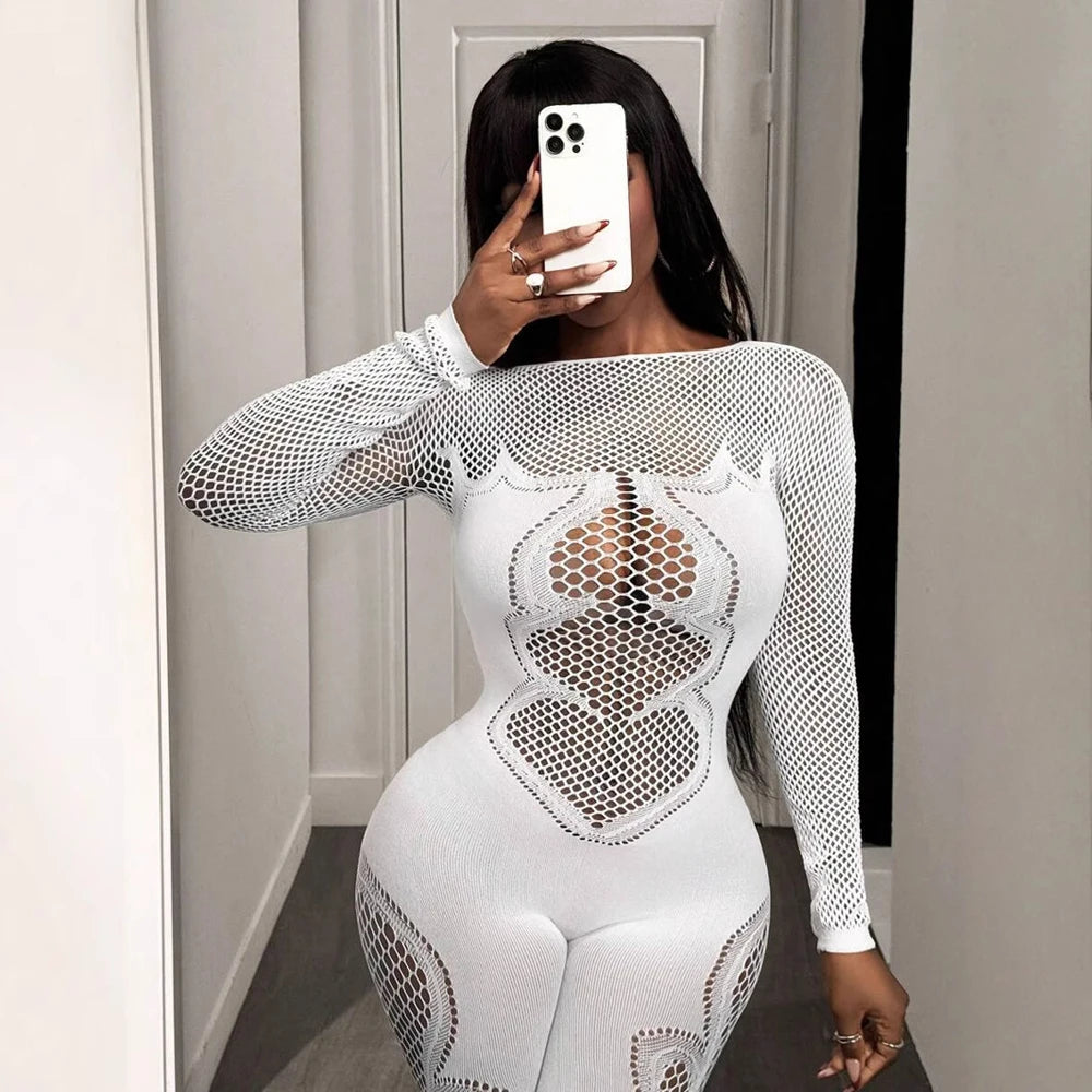 2026 Spring Autumn Woman Jumpsuits Playsuits Sexy Clothing Clubwear Long Sleeve Hollow Out Mesh See Through Fitness Jumpsuit