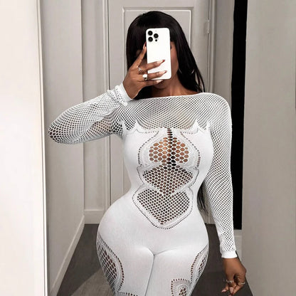2026 Spring Autumn Woman Jumpsuits Playsuits Sexy Clothing Clubwear Long Sleeve Hollow Out Mesh See Through Fitness Jumpsuit