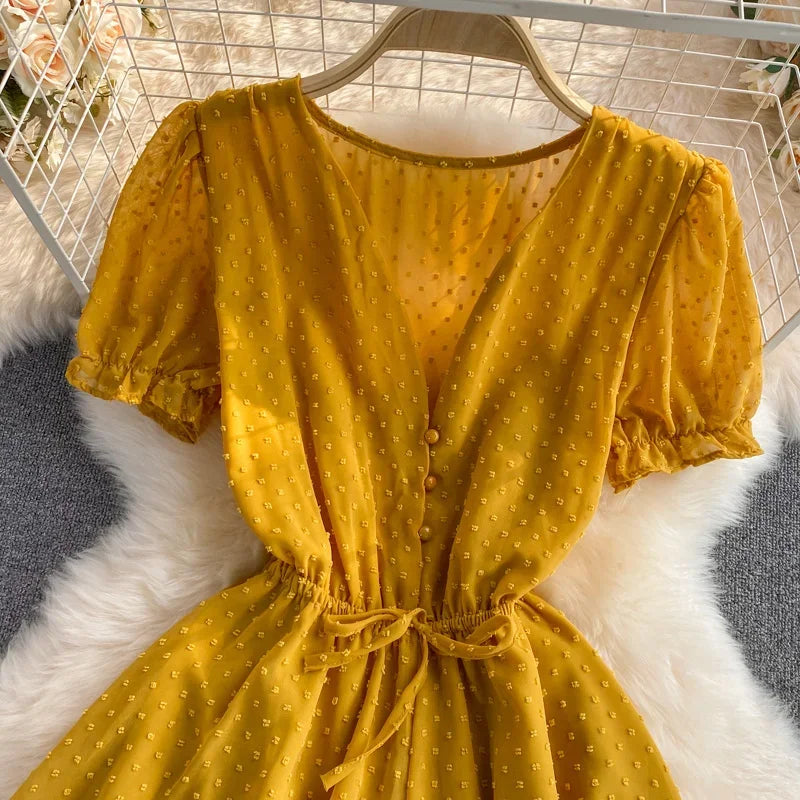 2025 Summer Women Playsuit Polka Dot See Through Thin Beach Rompers Sexy V-neck Short Sleeve Drawstring Sash Slim Waist Overalls