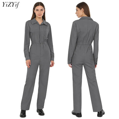 Womens Fashion Coverall Rompers Solid Color Turn-Down Collar Long Sleeve Button Jumpsuit Casual Work Travel Holiday Cargo Pants