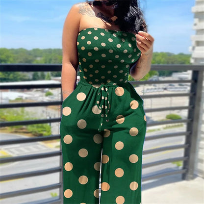 Women's Sexy Strapless One Piece Printed Pants Summer Fashion Lace Up High Waisted Slim Sleeveless Female Beach Holiday Jumpsuit