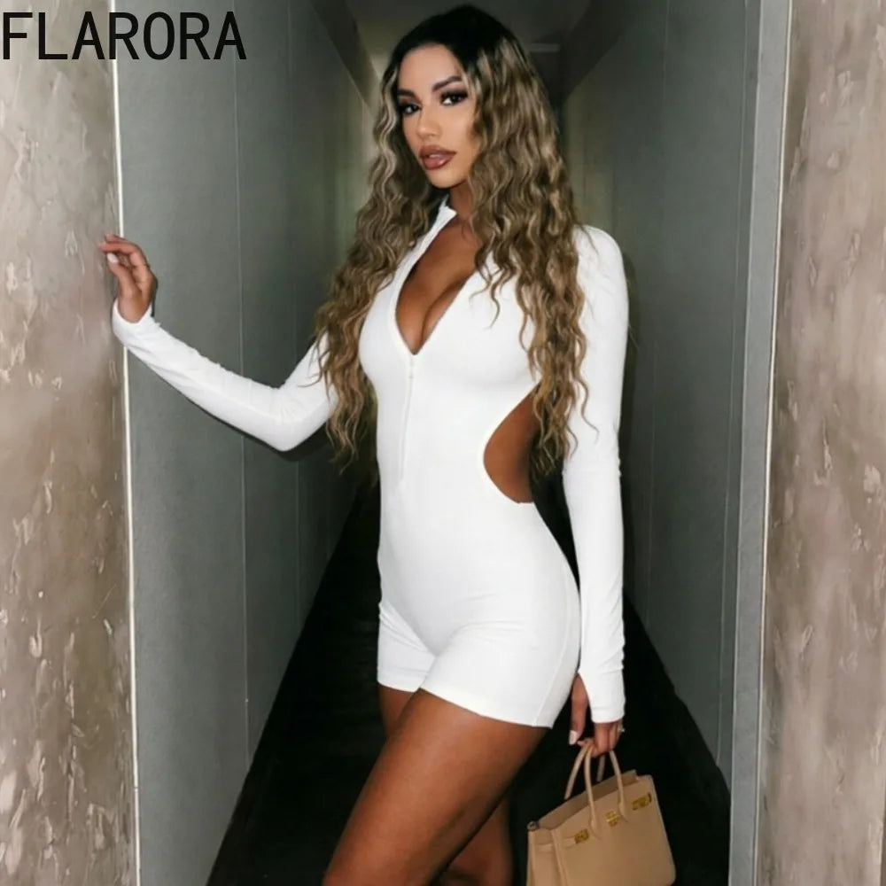 FLARORA Sexy Hollow Out Backless Rompers Woman Trend O-Neck Full Sleeve Zip Skinny Peach Hip Playsuits Midnight Party Clubwear