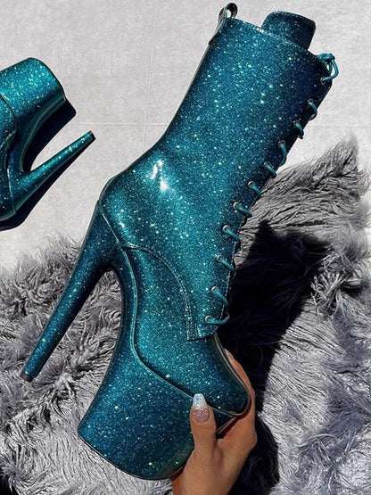 20CM/8Inch Bling Pole Dance Boots Woman Glossy Patent leather Red lace-up Nightclub Shoes Extreme high heel Platform Short Boots