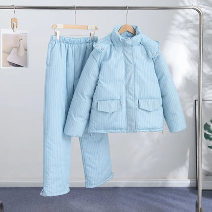 Polka Dots Hooded Cotton Coats Trousers Set 2026 Winter Loose Zippers Drawstring Jacket Elastic Waist Pants Women's Warm Outfits