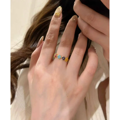 925 Sterling Silver Colorful Four-Leaf Petal Ring for Women Light Luxury, High-End, Trendy Fashion Fine Jewelry Gifts