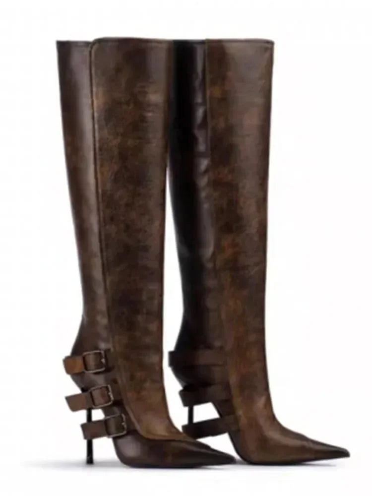 New Belt Buckle Stiletto High Heels Knee Length Boots Autumn/Winter Women's Fashion Pointed Party 34-46 Large Medium Boots