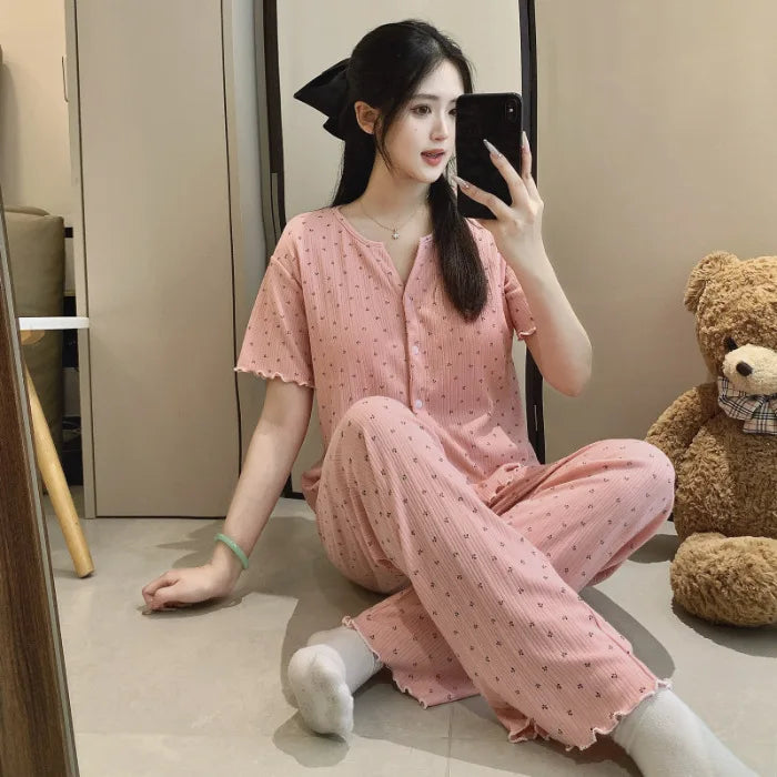 Cotton Fabric Floral Cardigan Printed Pajamas for Women Short-Sleeved Top and Long Pants Sleepwear Homewear Set Ladies Nightwear
