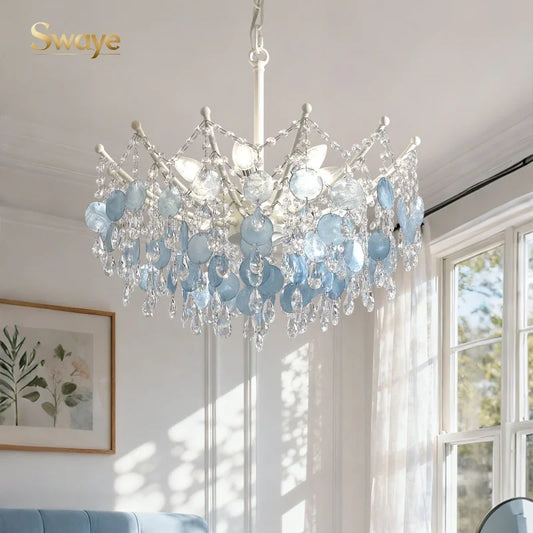 French Luxury LED Pendant Lights Blue White Natural Shell Crystal Chandelier Lamps for Romantic Living Dining Bedroom Home Decor