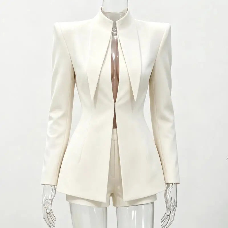 Women Chic Solid Shorts Suit Stand Collar Waist Cinching Slim Fit 2 Piece Suits 2026 Spring Autumn Lady  Elegant Outfits New
