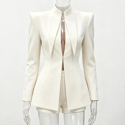 Women Chic Solid Shorts Suit Stand Collar Waist Cinching Slim Fit 2 Piece Suits 2026 Spring Autumn Lady  Elegant Outfits New