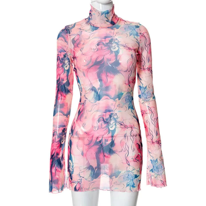 Flare Sleeve Color Printing Bodycon Dress Mini Women Clothing Turtleneck Sexy Streetwear High Waist Fashion One-Pieces Outfits