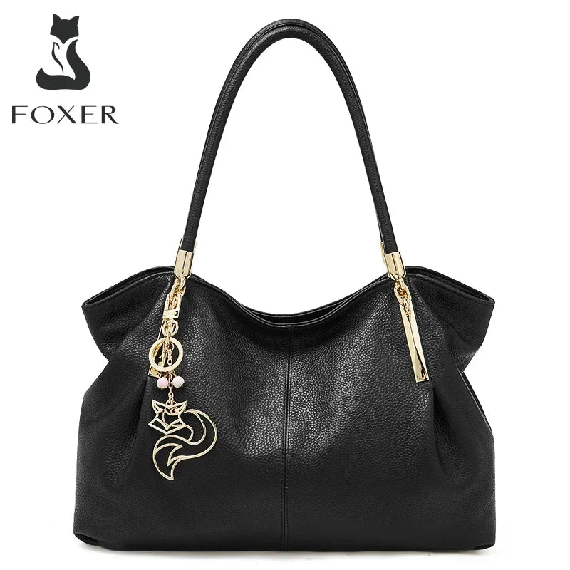 FOXER 2026 New Women's Shoulder Bag Genuine Leather Elegant Female Tote Large Bag Fashion Handbag Commuter Luxury Gift