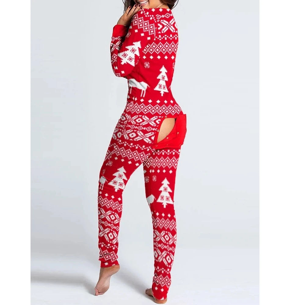 Fashion Women's Snowflake Elk Print Button Front Slim Jumpsuit Sexy Long Sleeve V-Neck Adult Onesie for Sleepwear