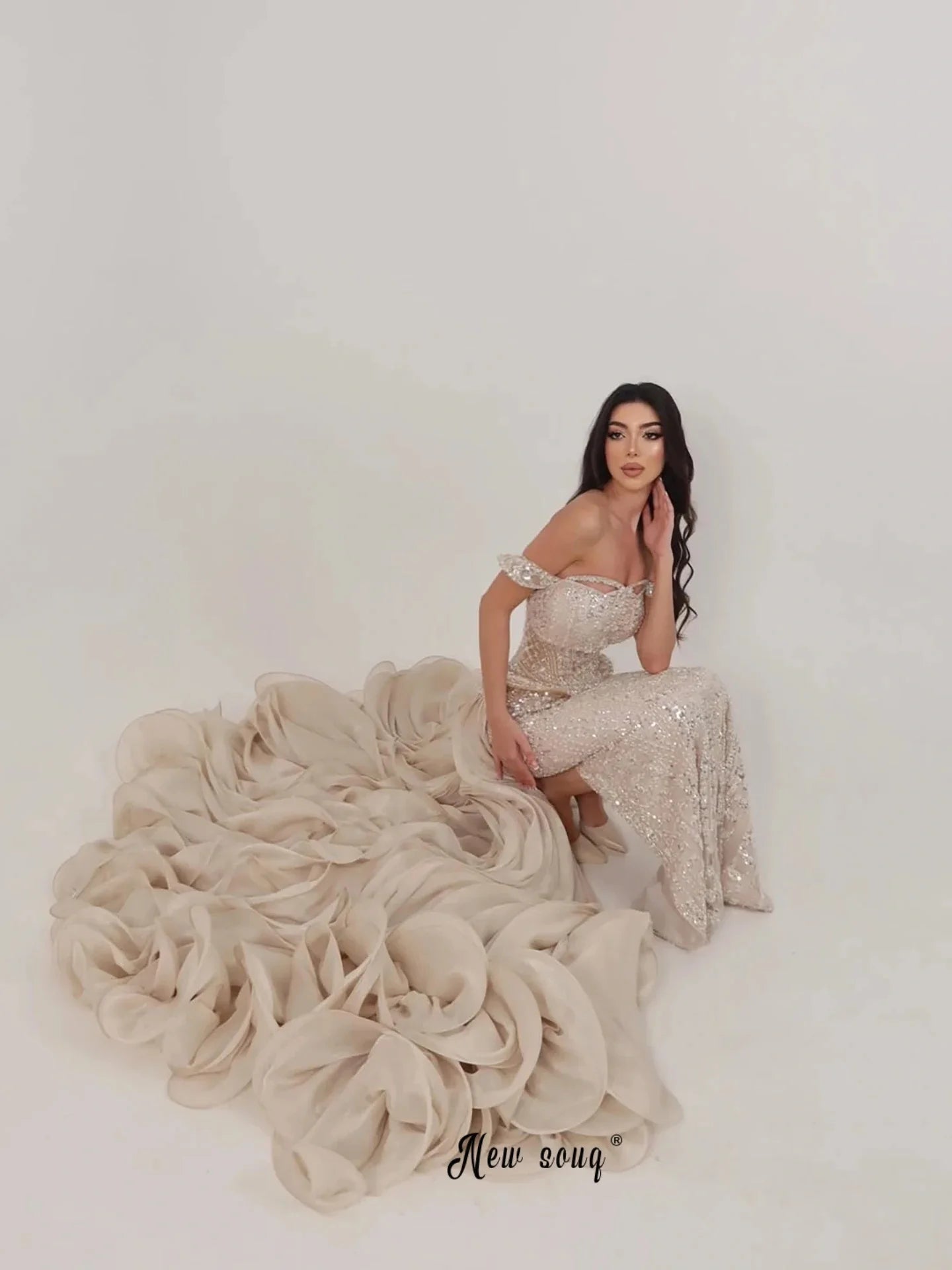 Detachable Train Beige Prom Dresses Off Shoulder Beading Wedding Guest Gown Customized for Bride vestido madrinha casamento