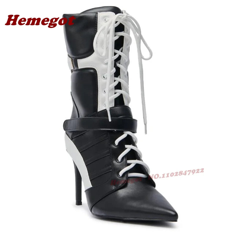 Black White Patchwork Pointy Ankle Boots Stiletto Heels Hook and Loop Cross Tied Women's Boots Winter Gladiator Lace-Up Shoes
