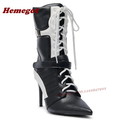 Black White Patchwork Pointy Ankle Boots Stiletto Heels Hook and Loop Cross Tied Women's Boots Winter Gladiator Lace-Up Shoes