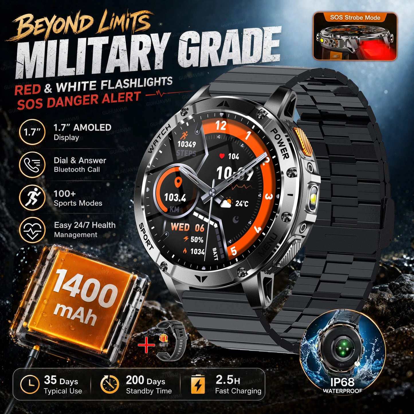 TANK Ultra Outdoor Smartwatch 1400mAh Battery Military Watches Waterproof Two-color Tactical LED Flashlight Men Sports Bracelet