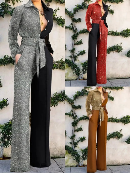 2026 New Women's Jumpsuit Fashion V-neck Sexy One-pieces Wide Leg Pants Party Shiny Elegant Rompers Ladies Chic Casual Bodysuits