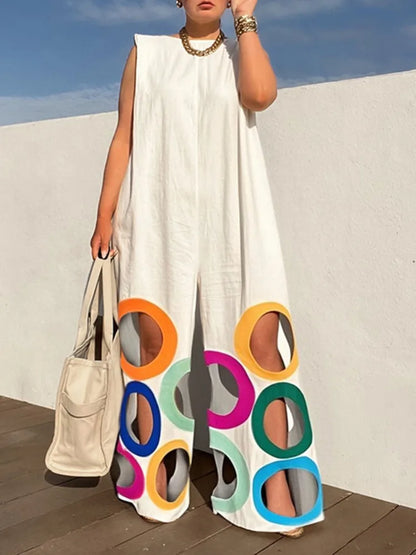 Yeezzi Women Fashion Rainbow Hollow Wide Leg Jumpsuits 2026 New Summer Sleeveless Loose Urban Office Overalls With Shoulder Pad
