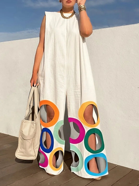 Yeezzi Women Fashion Rainbow Hollow Wide Leg Jumpsuits 2026 New Summer Sleeveless Loose Urban Office Overalls With Shoulder Pad