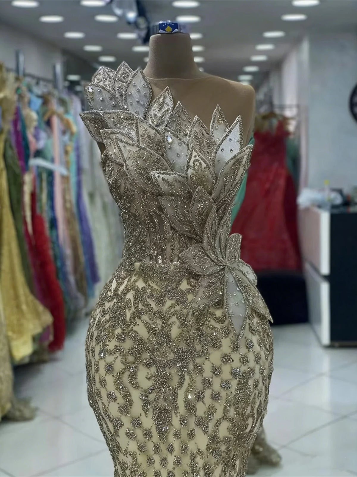 Sparkly Sequins Mermaid Party Dress Beads Champagne Woman Prom Dresses Luxury Evening Wedding Party Vestido Robe de soiree Femme