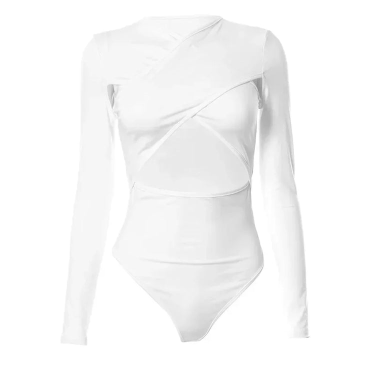 Summer New Women's Jumpsuit Solid Color Cross Hollow Long Sleeve Revealed Waist Slimming Smooths Your Silhouette