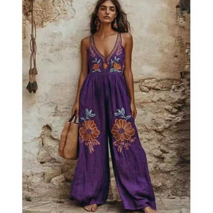 New Vintage Printed Floral Linen Suspender Wide-leg Jumpsuits Women 2025 Fashion V Neck Wide Leg Pants Outfits Female Streetwear