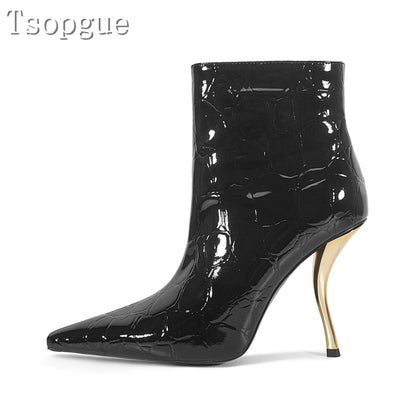 Desinger New Black Patent Leather Women Ankles Boots Pointed Toe Golden High Heels Sexy Short Boots Fashion Runway Show Shoes