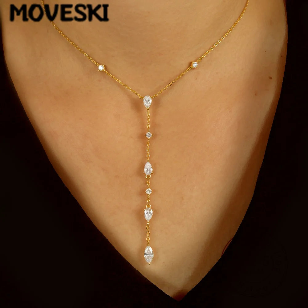 Multi Pear Marquise Moissanite Y-Shaped Necklace S925 Silver 18K Gold Plated Long Tassel Drop Chain Elegant Ladies Jewelry