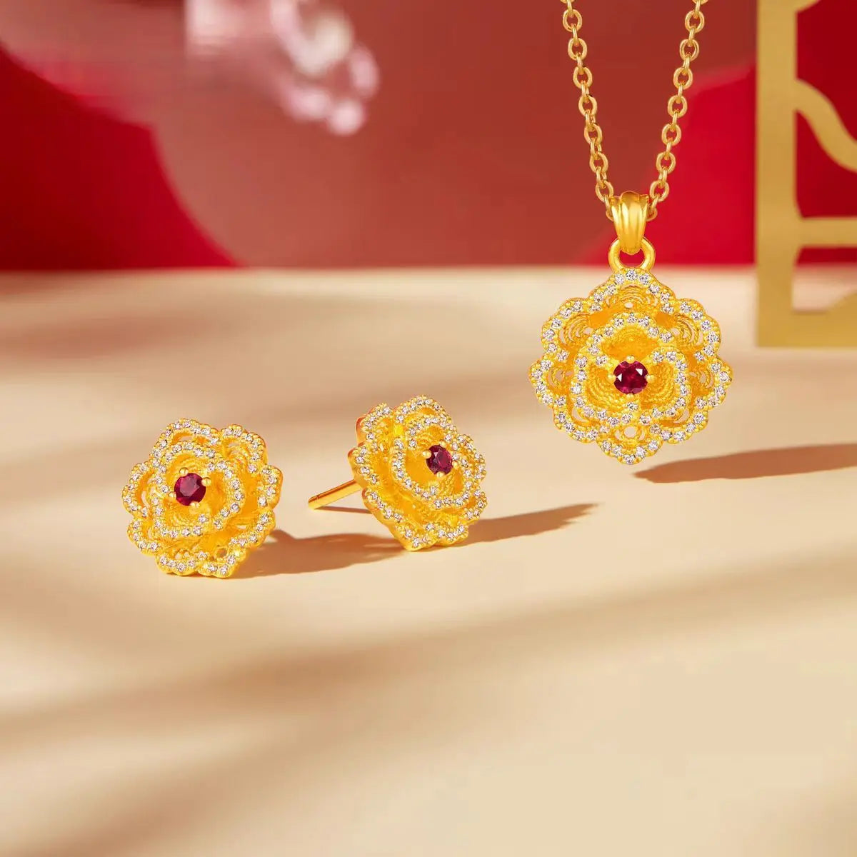 Real Kt18 Gold Color Diamond Peony Pendant Necklace for Women Lover Valentine's Day Birthday Chain Earring Jewelry Sets Gifts