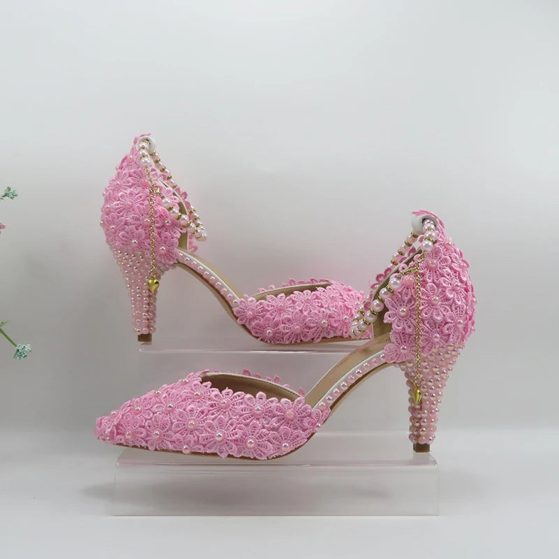 AB Pink Pearl Flower Wedding Shoes With Matching Bags High Heels Pointed Toe Ankle Strap Ladies Party Shoe and Bag Set