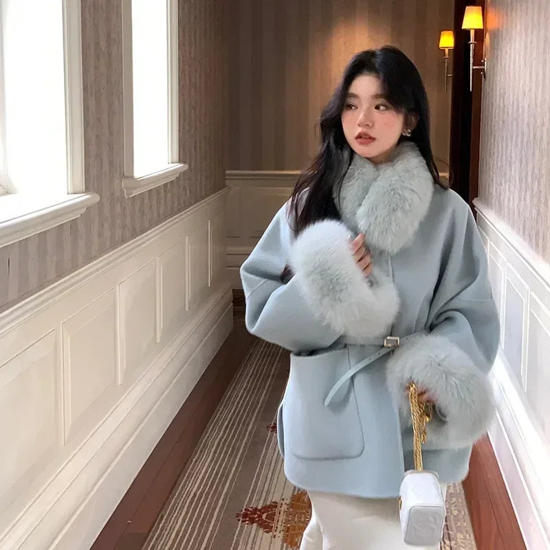 ORTBUY Autumn Winter New Fur Coat  Fox Fur Collar Jacket Female Double-sided Woolen Coat Small Double-sided Cashmere Coat Women