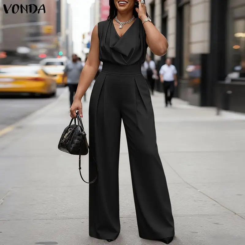 VONDA Summer Women Jumpsuits Sleeveless Fashion Wide Leg  Jumpsuits Rompers Playsuit Elegant OL Work Overalls Solid Trousers