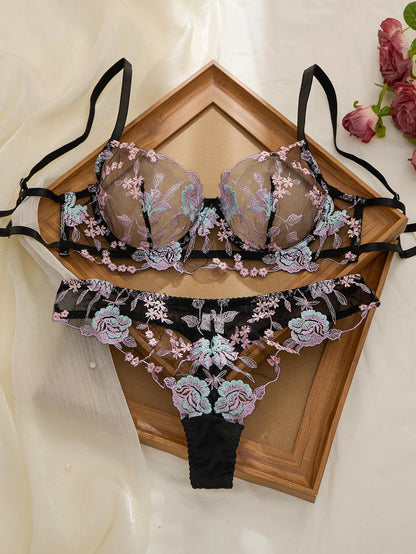 Sweet Pastel Pink Embroidered Ladies' Bra And Panties Set with Steel Ring Support Upper Cup Thin Seamless Daily Underwear